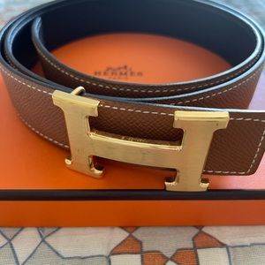 H Gold Belt Buckle and reversible leather strap 32mm